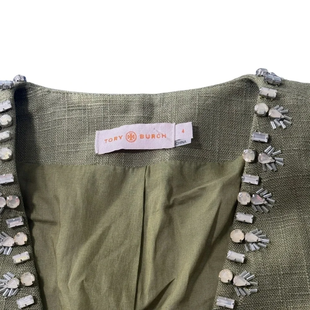 Tory Burch Avery Embellished Linen jacket Sz4‎ crystal beaded Olive green garden